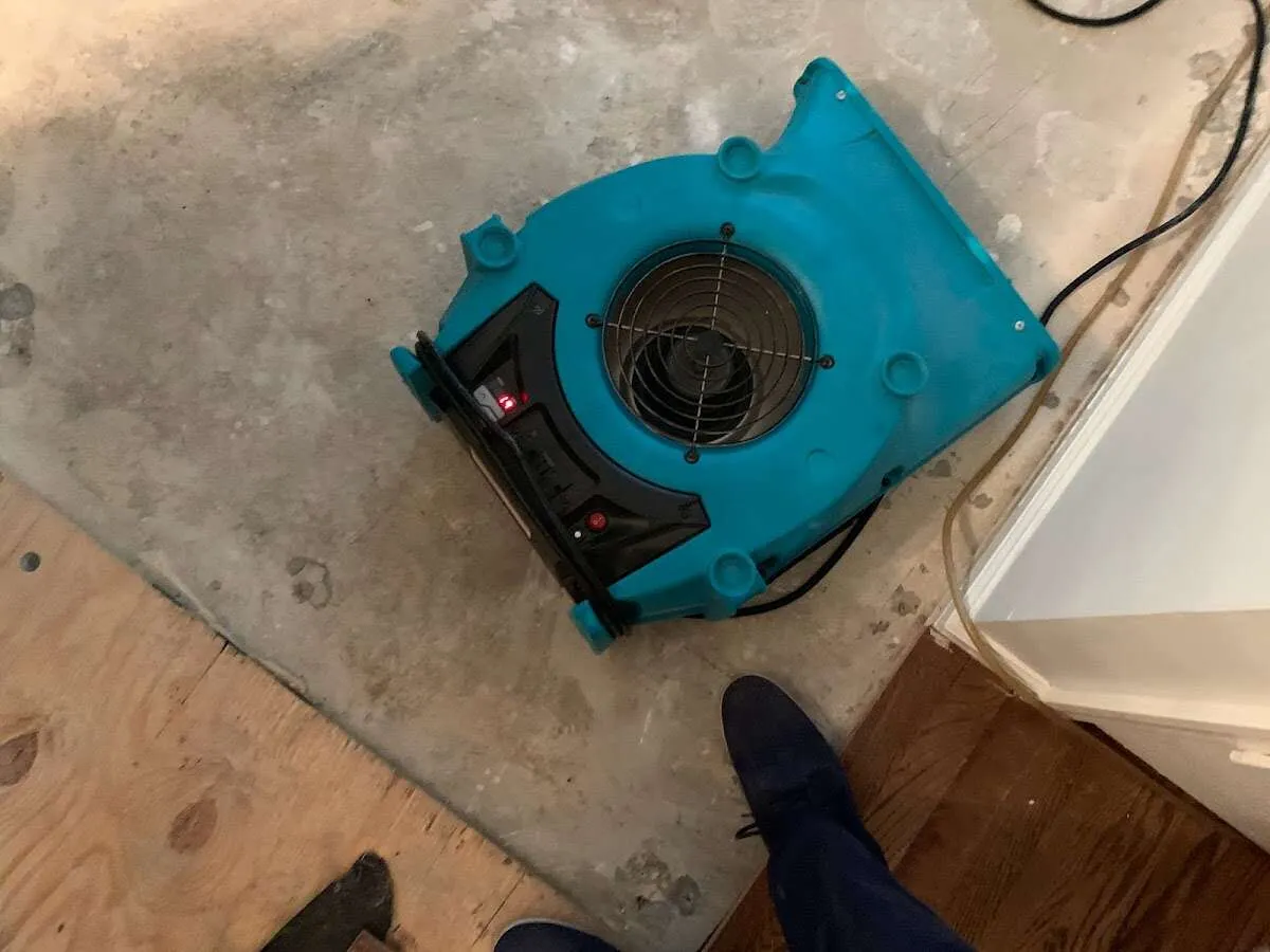 Air mover drying subfloor during Leak Detection & Repair in Spring Lake